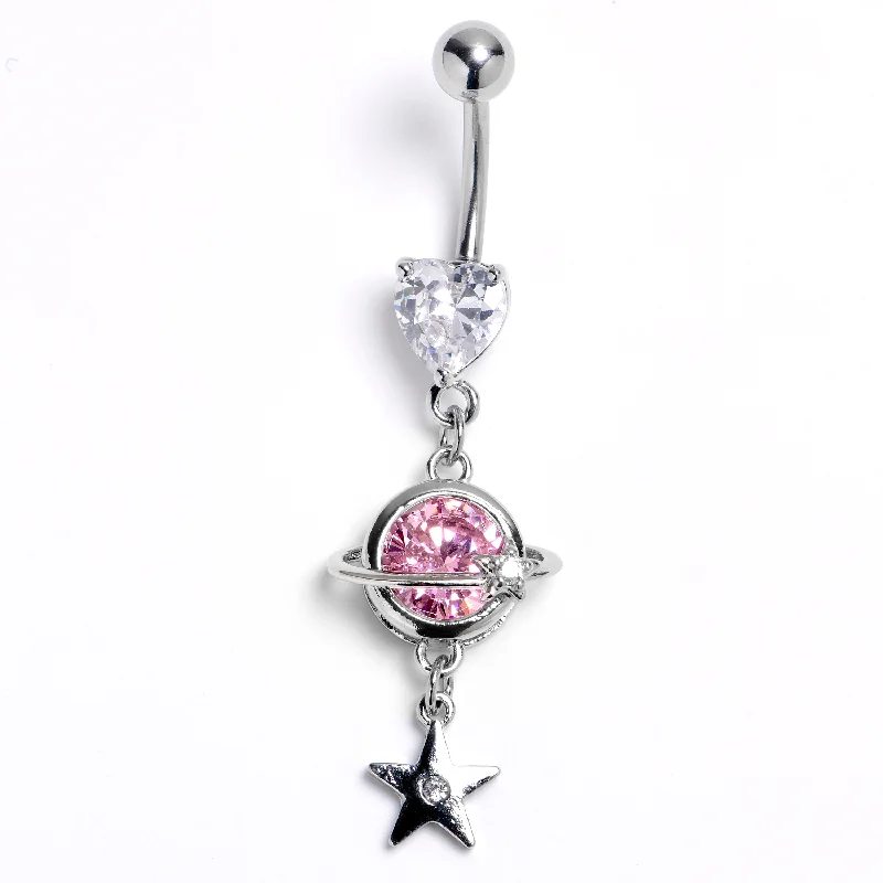 Beautiful Belly Rings with Precious Stones -Clear Pink Heart Saturn Star Dangle Belly Ring Beautiful Belly Rings with Precious Stones -Clear Pink Heart Saturn Star Dangle Belly Ring