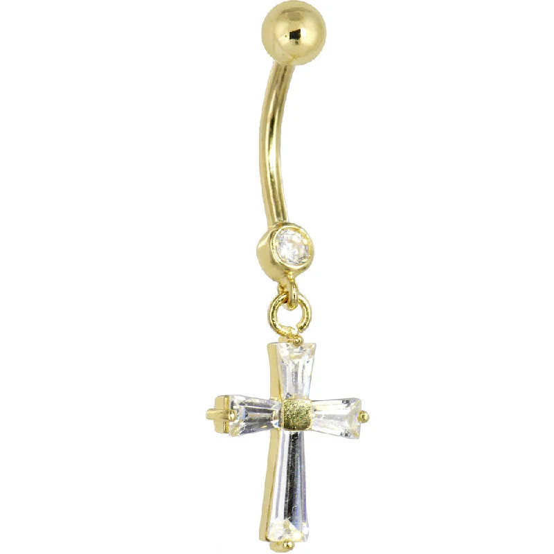 Belly Rings with Stone Detailing for Bold Looks -16 Gauge Solid 14kt Yellow Gold Cubic Zirconia Cross Dangle Belly Ring Belly Rings with Stone Detailing for Bold Looks -16 Gauge Solid 14kt Yellow Gold Cubic Zirconia Cross Dangle Belly Ring