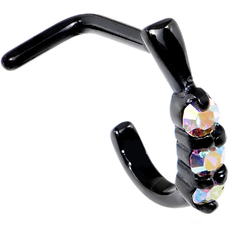 Simple Nose Rings for Casual Days -18 Gauge Aurora Gem Black PVD Faux Hoop L Shaped Nose Ring