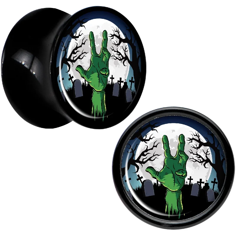 Women's Earrings – Elegant Designs for Every Personality--Cemetery Zombie Hand Halloween Black Acrylic Plug Set Available Sizes 0 Gauge to 20mm