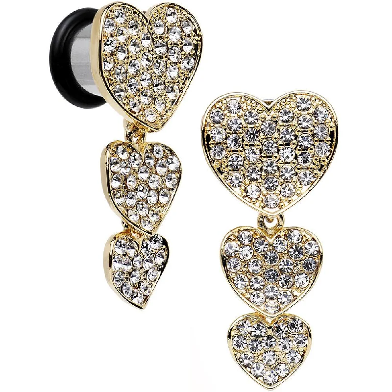 Women's Earrings – Elegant Designs for Every Personality--Clear Gem Steel Triple Heart Single Flare Dangle Plug Set Sizes 5mm to 00 Gauge
