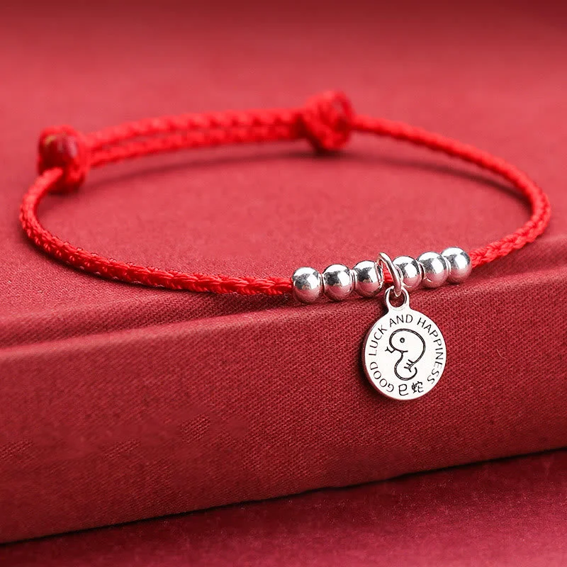 Classic Round Bangles for Women-Buddha Stones Chinese Zodiac Kid Red String 999 Sterling Silver Protection Bracelet