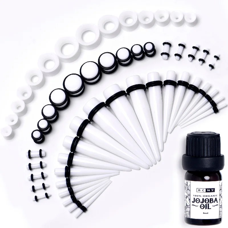 Women's Earrings – Elegant Designs for Every Personality--14 Gauge to 1/2 White Acrylic 54 Piece Ear Stretching Kit with Jojoba Oil