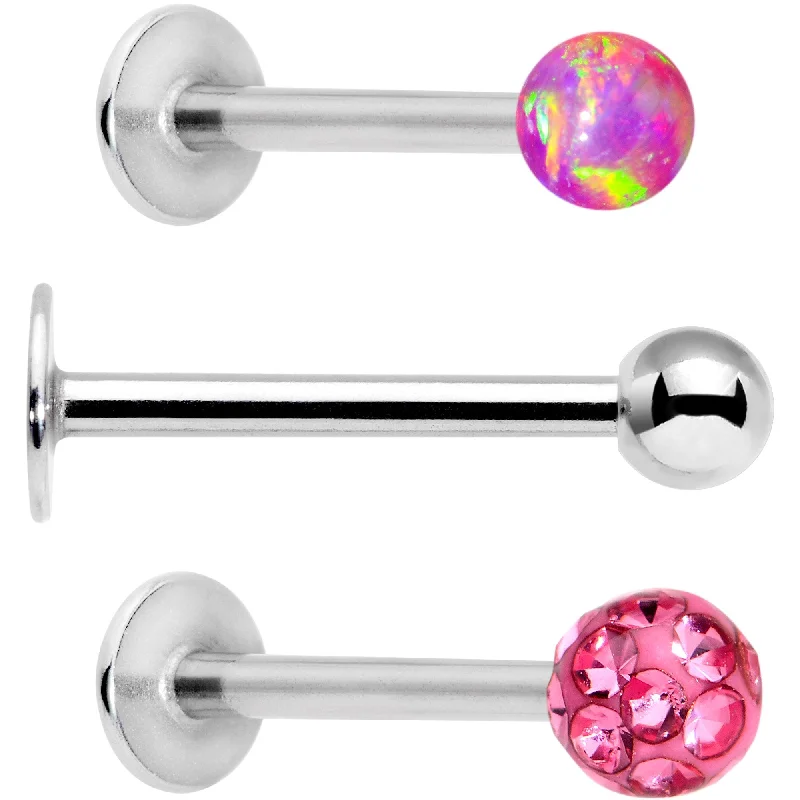 Trendy Lip Rings with Vibrant Touch16 Gauge 3/8 Pink Faux Opal Ball Labret Monroe Tragus 3 Pack Set