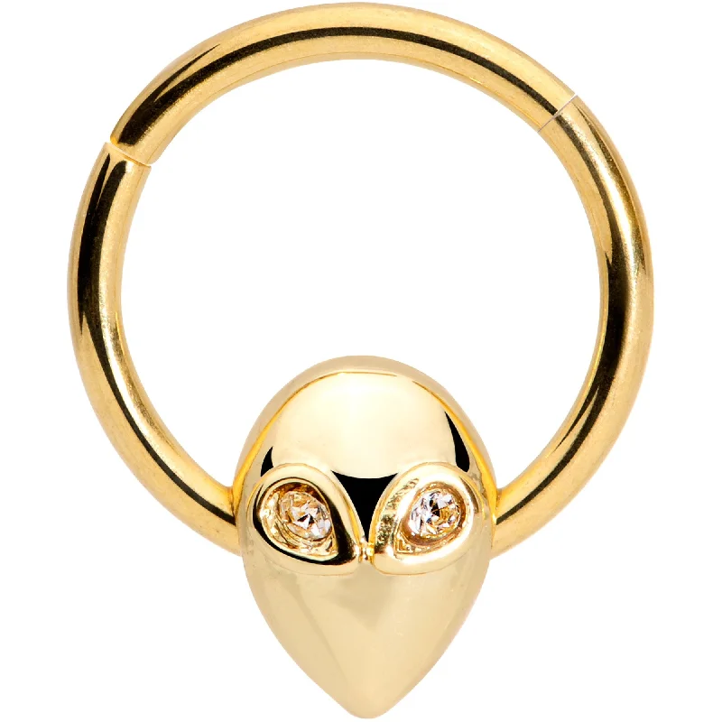 Nose Rings for Everyday Charm -16 Gauge 3/8 Clear Gem Gold Tone Alien Invader Hinged Segment Ring Nose Rings for Everyday Charm -16 Gauge 3/8 Clear Gem Gold Tone Alien Invader Hinged Segment Ring