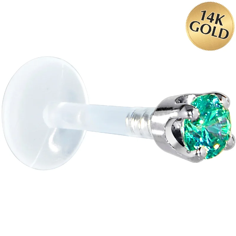 Women's Earrings – Elegant Designs for Every Personality--16 Gauge 5/16 Solid 14KT White Gold 3mm Mint Green Cubic Zirconia Bioplast Tragus Earring Stud