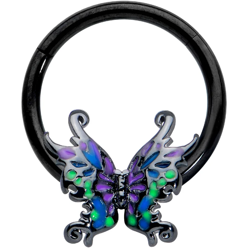 Nose Rings with Chic Detailing -16 Gauge 3/8 Black Fantasy Faerie Wings Hinged Segment Ring Nose Rings with Chic Detailing -16 Gauge 3/8 Black Fantasy Faerie Wings Hinged Segment Ring
