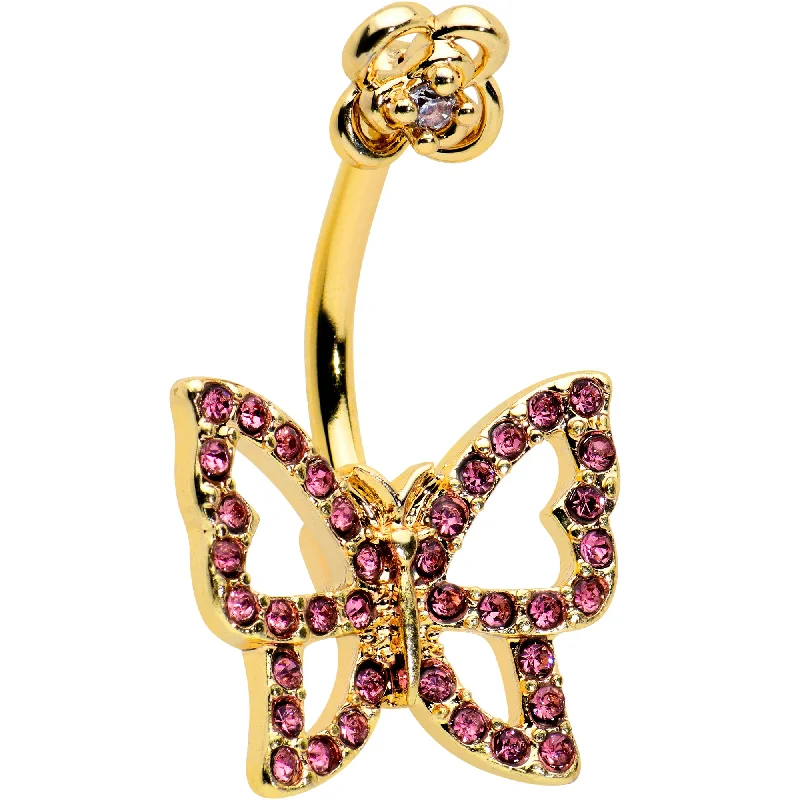 Fashionable Belly Rings for Exclusive Looks -Pink Gem Gold Tone Simple Butterfly Flower Double Mount Belly Ring Fashionable Belly Rings for Exclusive Looks -Pink Gem Gold Tone Simple Butterfly Flower Double Mount Belly Ring