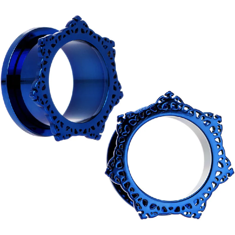 Women's Earrings – Elegant Designs for Every Personality--3/4 Blue PVD Filigree Frame Screw Fit Tunnel Plug Set Women's Earrings – Elegant Designs for Every Personality--3/4 Blue PVD Filigree Frame Screw Fit Tunnel Plug Set