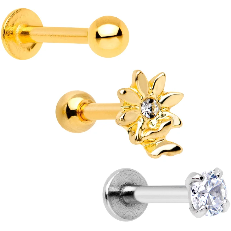 Beautiful Lip Rings with Unique Details16 Gauge 1/4 Clear Gem Gold Tone Flower Cartilage Tragus Set of 3