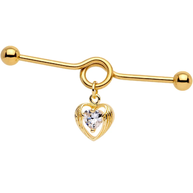 Women's Earrings – Elegant Designs for Every Personality--Clear CZ Gold Tone Hugged Heart Industrial Barbell 38mm Women's Earrings – Elegant Designs for Every Personality--Clear CZ Gold Tone Hugged Heart Industrial Barbell 38mm