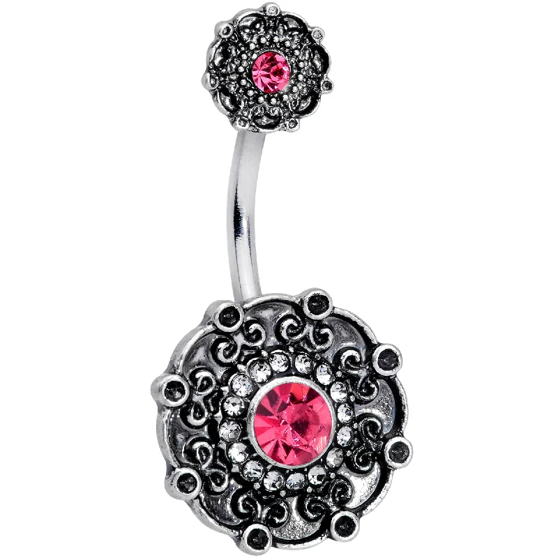 Comfortable Belly Rings for Stylish Piercings -Clear Pink Gem Floral Emblem Double Mount Belly Ring Comfortable Belly Rings for Stylish Piercings -Clear Pink Gem Floral Emblem Double Mount Belly Ring