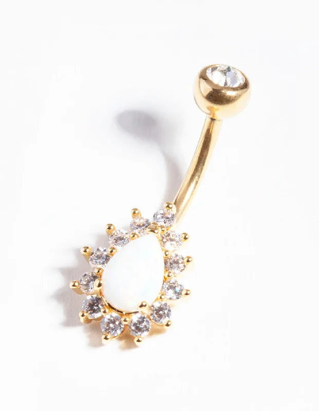 Comfortable Belly Rings for Simple Looks -Gold Titanium Opal Diamante Belly Bar