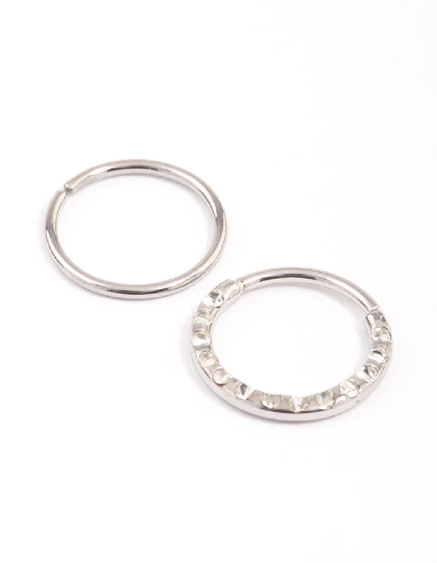 Nose Rings with Casual Vibes -Surgical Steel Cubic Zirconia Textured Nose Ring Pack