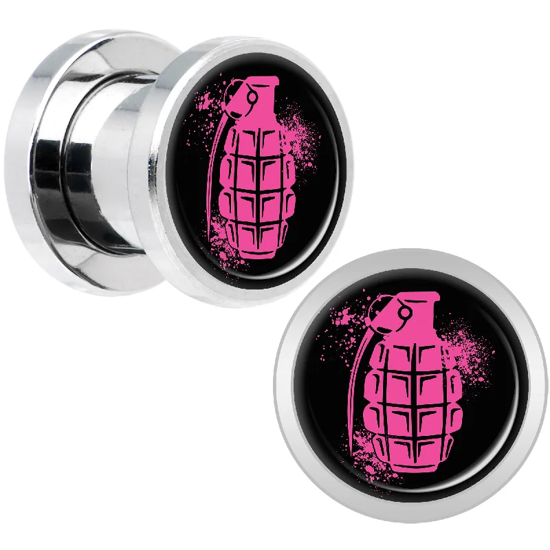 Women's Earrings – Elegant Designs for Every Personality--Pink Grenade Steel Screw Fit Plug Set 0 Gauge Women's Earrings – Elegant Designs for Every Personality--Pink Grenade Steel Screw Fit Plug Set 0 Gauge