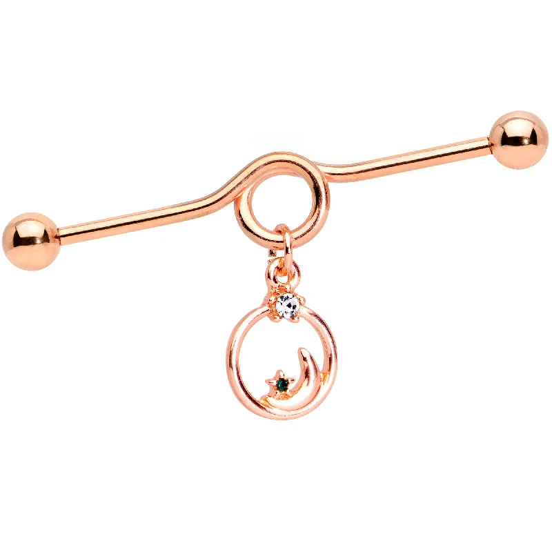 Women's Earrings – Elegant Designs for Every Personality--14 Gauge Clear Gem Rose Gold Tone Moon Star Dangle Project Bar 38mm