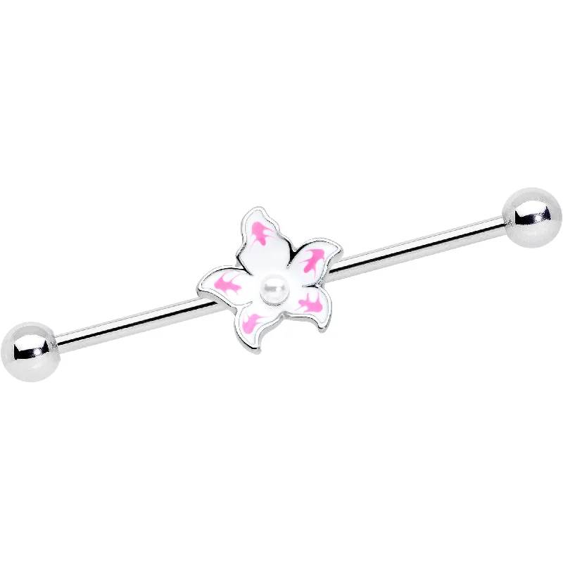Women's Earrings – Elegant Designs for Every Personality--14 Gauge Pearly White Orb Pink Flower Industrial Barbell 38mm