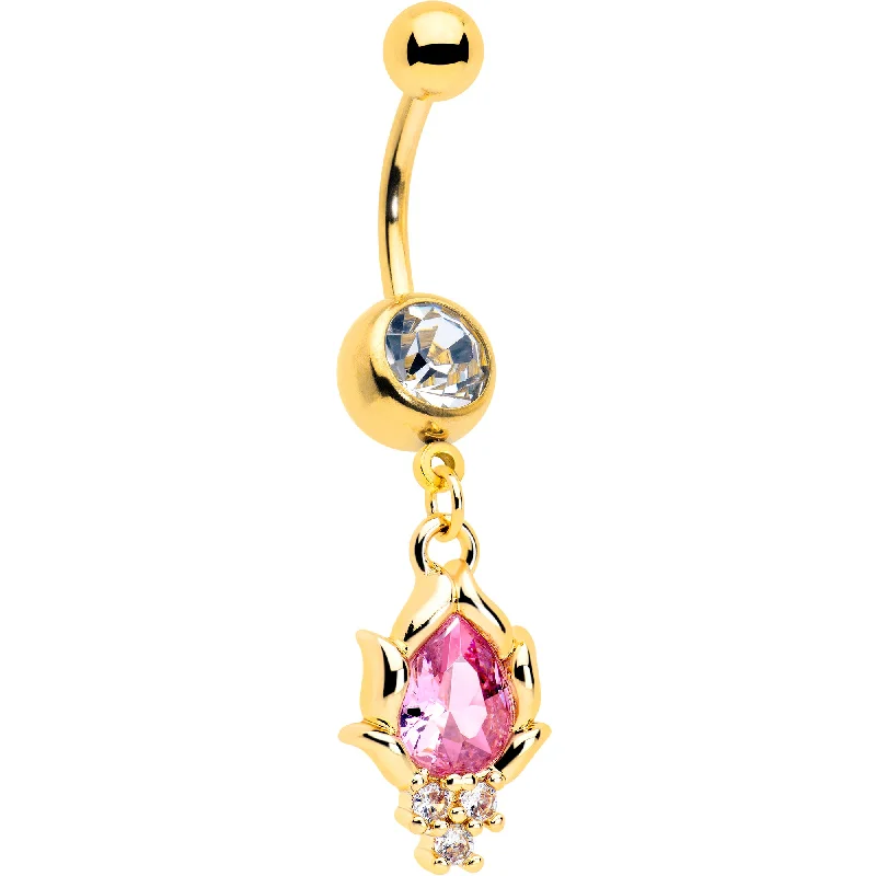 Beautiful Belly Rings with Chic Features -Pink CZ Gem Gold Tone Style Fire Dangle Belly Ring Beautiful Belly Rings with Chic Features -Pink CZ Gem Gold Tone Style Fire Dangle Belly Ring