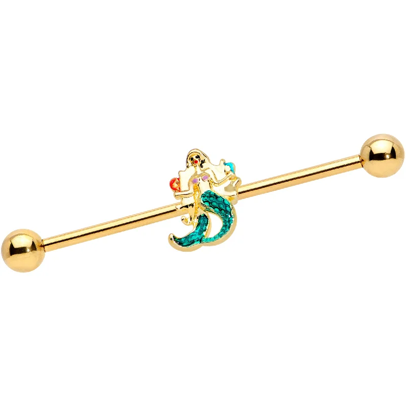 Women's Earrings – Elegant Designs for Every Personality--14 Gauge Gold Tone Green Mermaid Industrial Barbell 38mm