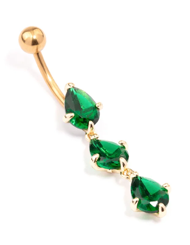 Beautiful Belly Rings for Elegant Appeal -Gold Plated Titanium Triple Pear Drop Belly Ring Beautiful Belly Rings for Elegant Appeal -Gold Plated Titanium Triple Pear Drop Belly Ring