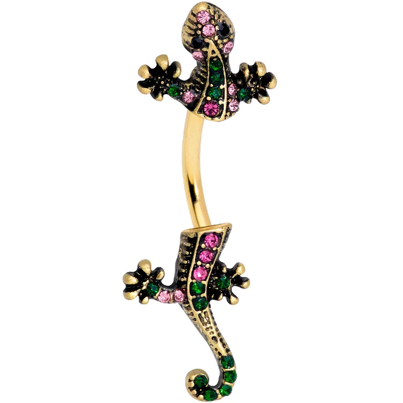 Stunning Belly Rings with Sparkling Stones -Pink Green Gem Gold Tone Lizard Double Mount Belly Ring Stunning Belly Rings with Sparkling Stones -Pink Green Gem Gold Tone Lizard Double Mount Belly Ring