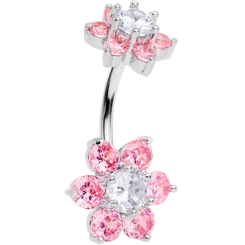 Trendy Belly Rings with Glittering Stones -Clear Pink CZ Gem Double Flower Delight Double Mount Belly Ring Trendy Belly Rings with Glittering Stones -Clear Pink CZ Gem Double Flower Delight Double Mount Belly Ring