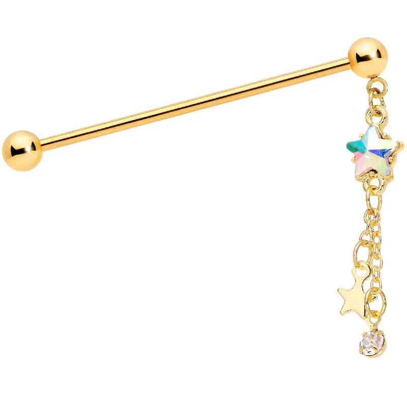 Women's Earrings – Elegant Designs for Every Personality--14 Gauge Aurora Gem Gold Tone Star Dangle Industrial Barbell 38mm