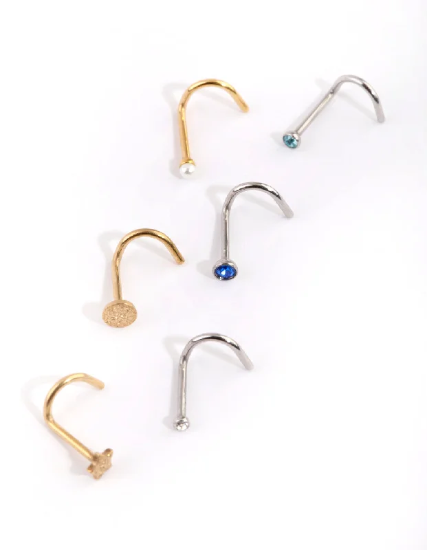 Elegant Silver Nose Rings -Mixed Surgical Steel Sapphire Nose Stud 6-Pack