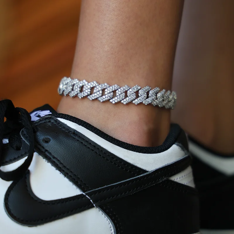 Bold Anklets for Statement Fashion-Diamond Prong Cuban Anklet in White Gold- 12mm