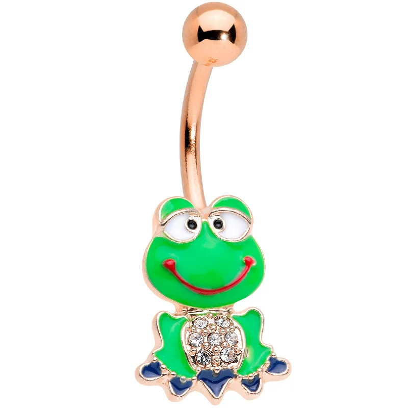 Trendy Belly Rings with Bold Details -Clear Gem Rose Gold Tone Green Goofy Frog Belly Ring Trendy Belly Rings with Bold Details -Clear Gem Rose Gold Tone Green Goofy Frog Belly Ring