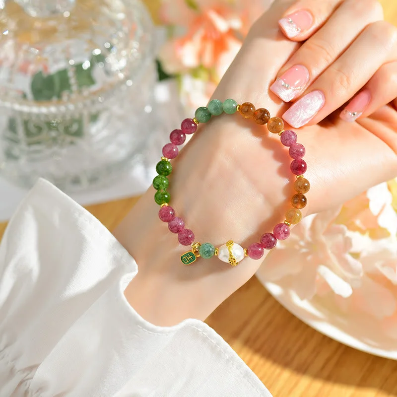 Stackable Crystal Bangles for Women-Buddha Stones Natural Multicolored Tourmaline Pearl Auspicious Character Charm Wisdom Bracelet Stackable Crystal Bangles for Women-Buddha Stones Natural Multicolored Tourmaline Pearl Auspicious Character Charm Wisdom Bracelet