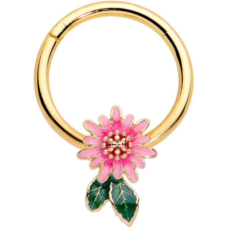 Unique Nose Rings for Chic Appeal -16 Gauge 3/8 Gold Tone Pink Spring Flower Hinged Segment Ring Unique Nose Rings for Chic Appeal -16 Gauge 3/8 Gold Tone Pink Spring Flower Hinged Segment Ring