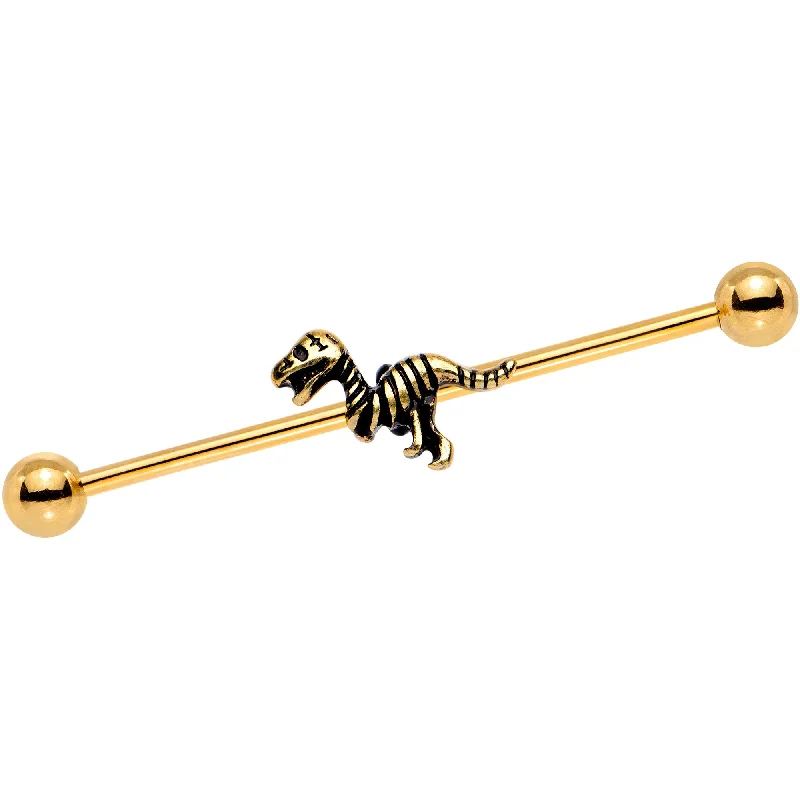Women's Earrings – Elegant Designs for Every Personality--Gold IP Raptor Bones Dinosaur Industrial Barbell 38mm Women's Earrings – Elegant Designs for Every Personality--Gold IP Raptor Bones Dinosaur Industrial Barbell 38mm