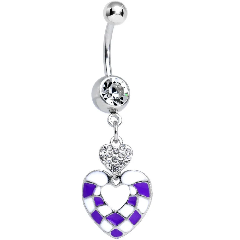 Stylish Belly Rings for Active Lifestyles -Clear Gem Purple and White Checkerboard Queen Heart Dangle Belly Ring Stylish Belly Rings for Active Lifestyles -Clear Gem Purple and White Checkerboard Queen Heart Dangle Belly Ring