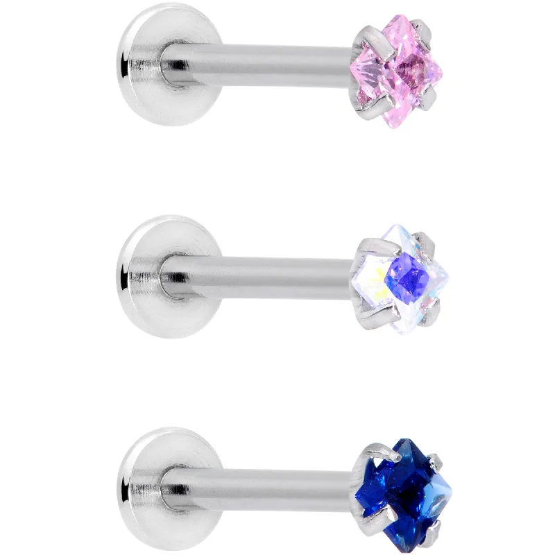 Lip Rings with Simple, Elegant Finish16 Gauge 3/8 Pink Aurora Blue CZ Gem Labret Tragus Set of 3