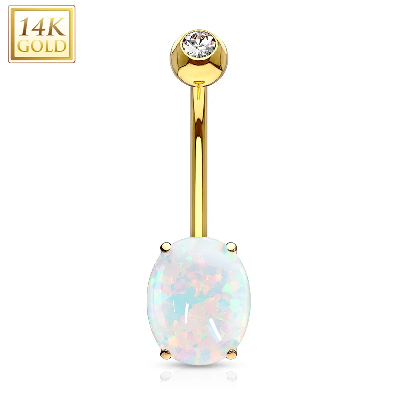 Stunning Belly Rings for Glamorous Fashion -14kt Solid Yellow Gold 8mm Oval Synthetic Opal Belly Ring Stunning Belly Rings for Glamorous Fashion -14kt Solid Yellow Gold 8mm Oval Synthetic Opal Belly Ring