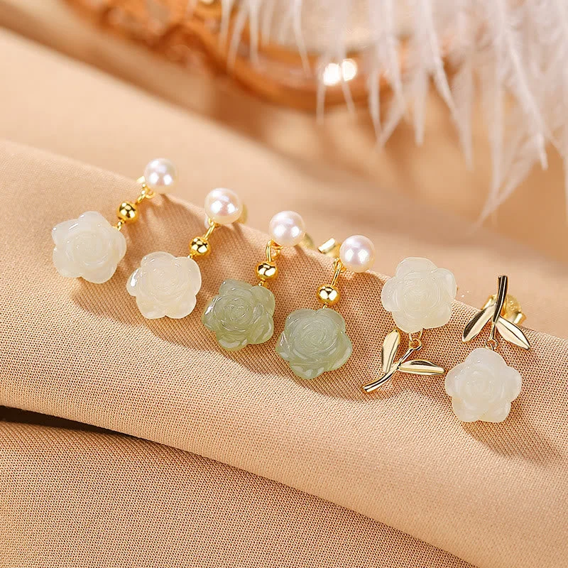 Women's Earrings – Elegant Designs for Every Personality--Buddha Stones 925 Sterling Silver Plated Gold Jade Rose Flower Cyan Jade Pearl Luck Earrings