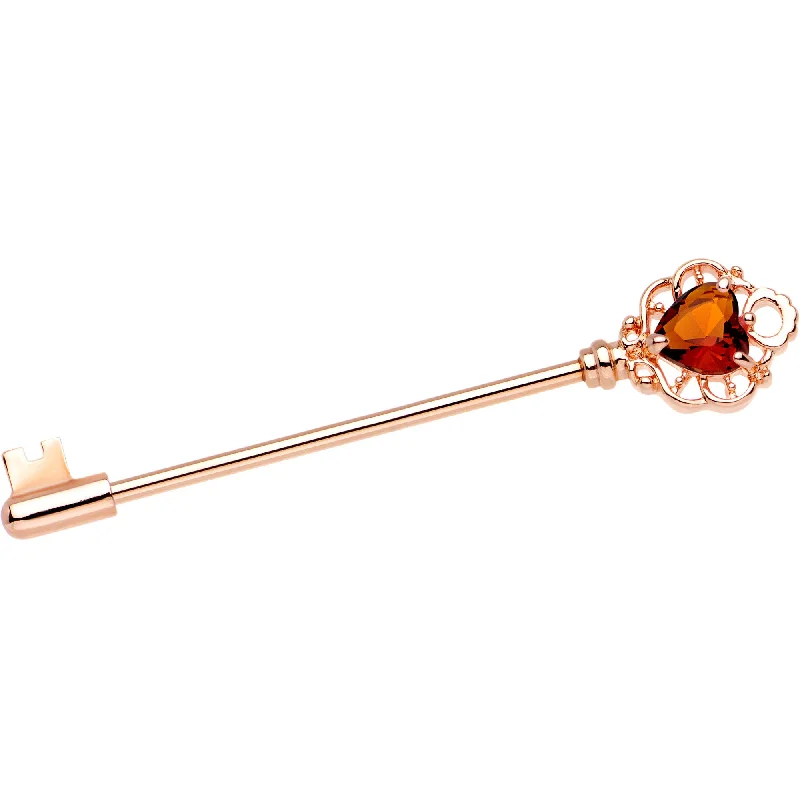 Women's Earrings – Elegant Designs for Every Personality--Champagne CZ Heart Rose Gold PVD Filigree Key Industrial Barbell 32mm Women's Earrings – Elegant Designs for Every Personality--Champagne CZ Heart Rose Gold PVD Filigree Key Industrial Barbell 32mm