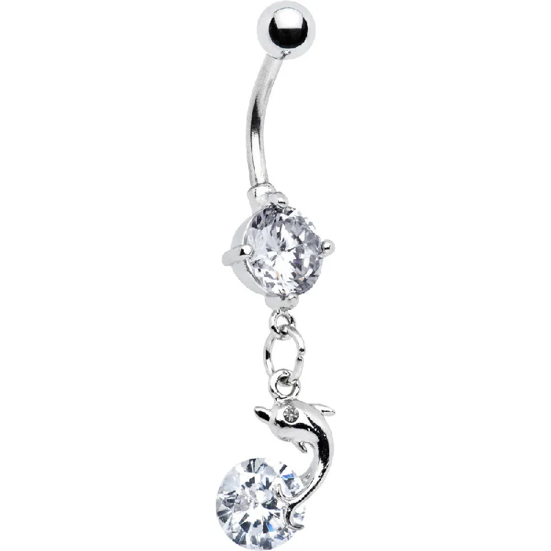 Trendy Belly Rings for Statement Fashion -Double Gem Leaping Dolphin Belly Ring