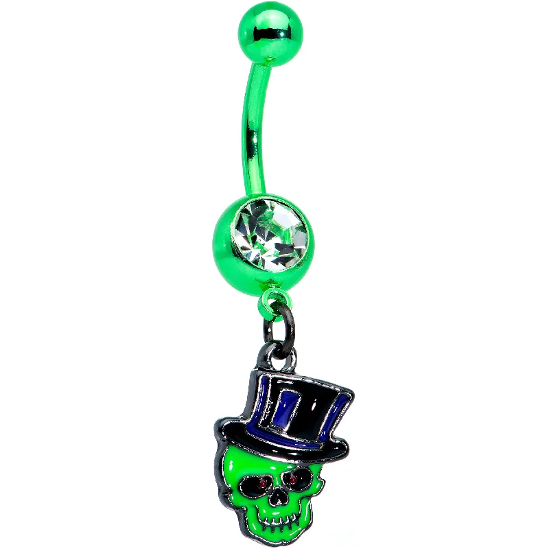 Designer Belly Rings with Polished Design -Clear Gem Green Top Hat Skull Halloween Dangle Belly Ring Designer Belly Rings with Polished Design -Clear Gem Green Top Hat Skull Halloween Dangle Belly Ring