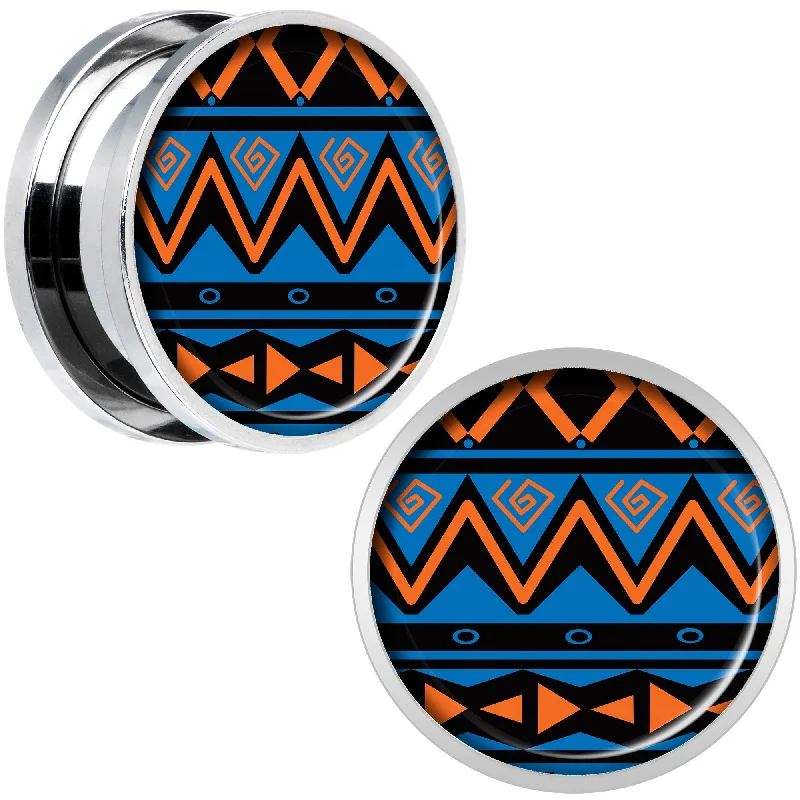 Women's Earrings – Elegant Designs for Every Personality--Blue Orange Tribal Print Steel Screw Fit Plug Set 18mm