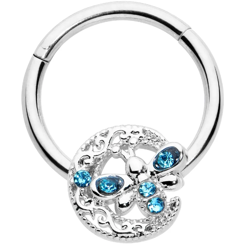 Nose Rings with Glittering Gems -16 Gauge 3/8 Blue Gem Lunar Dragonfly Hinged Segment Ring Nose Rings with Glittering Gems -16 Gauge 3/8 Blue Gem Lunar Dragonfly Hinged Segment Ring