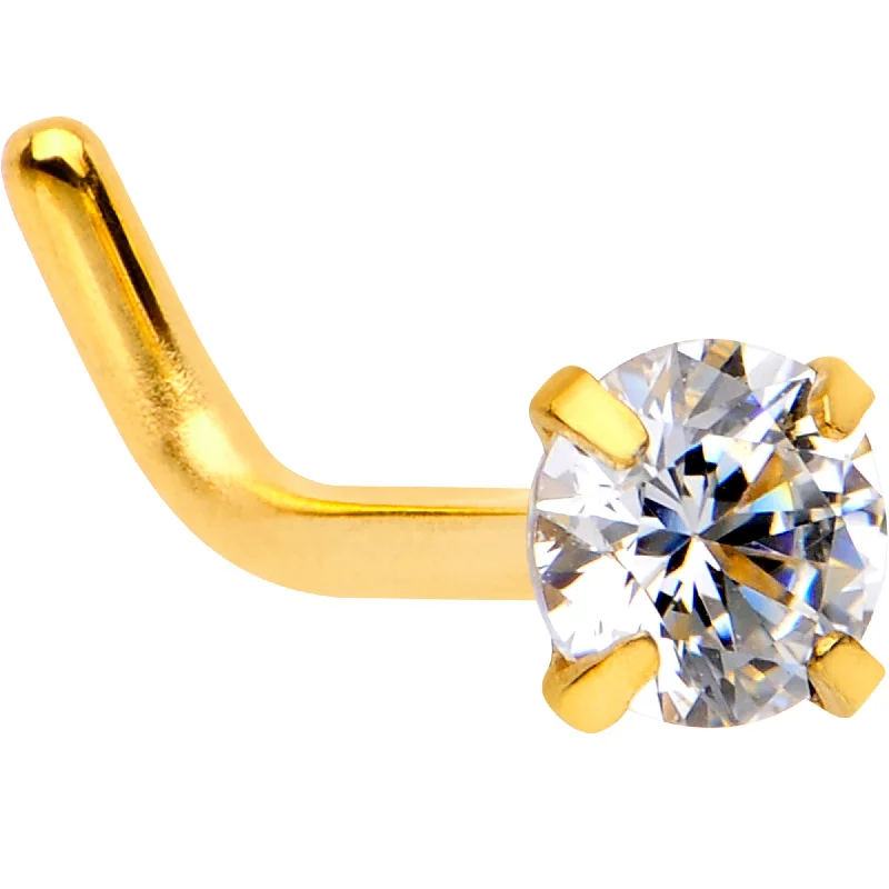 Elegant Nose Rings with Classic Touch -18 Gauge 1/4 Clear 3mm CZ Gem Gold IP L-Shape Nose Ring Elegant Nose Rings with Classic Touch -18 Gauge 1/4 Clear 3mm CZ Gem Gold IP L-Shape Nose Ring