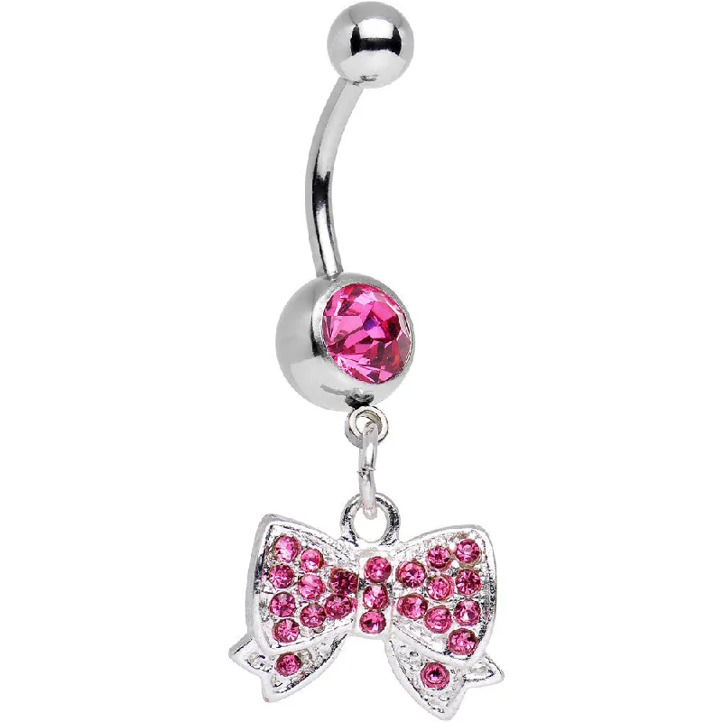Sparkling Belly Rings for Extra Shine -Pink Gem Bedecked Bow Tie Dangle Belly Ring
