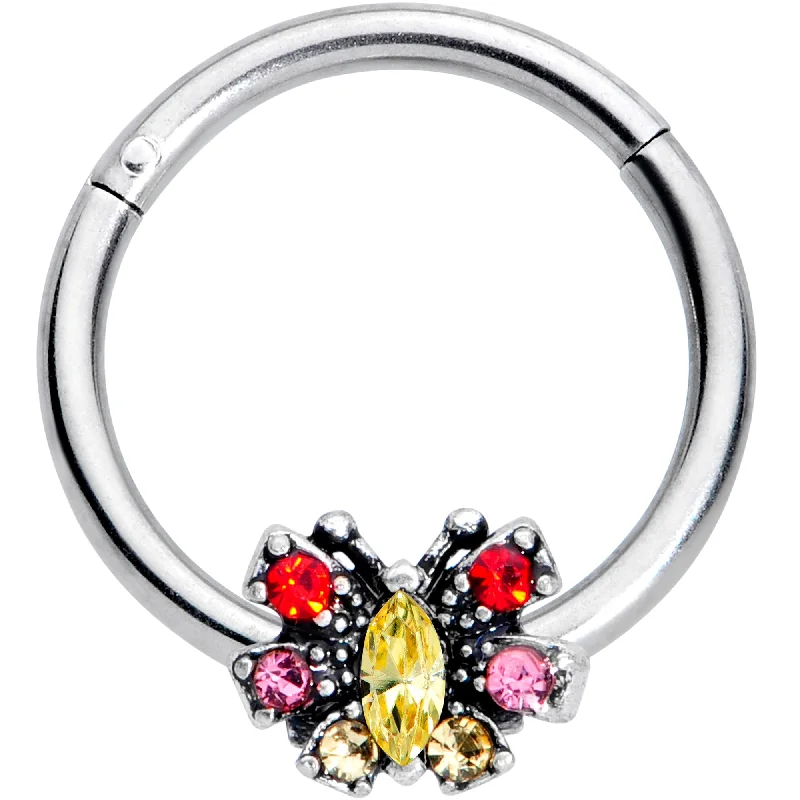 Comfortable and Elegant Lip Rings for Women16 Gauge 3/8 Red Pink Gem Art Deco Butterfly Hinged Segment Ring