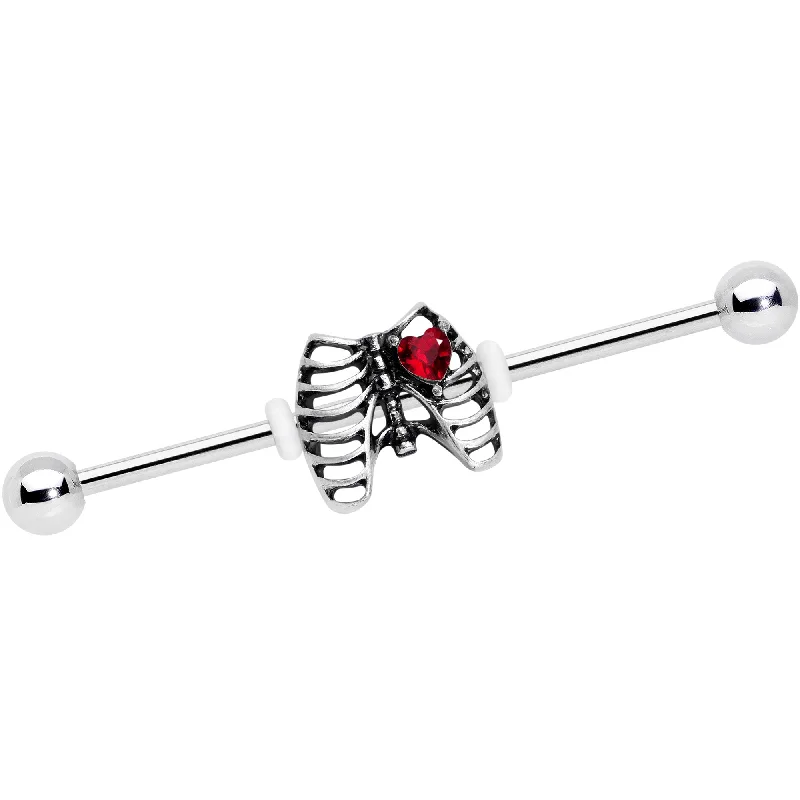 Women's Earrings – Elegant Designs for Every Personality--14 Gauge Red CZ Gem Heart Skeleton Halloween Industrial Barbell 38mm