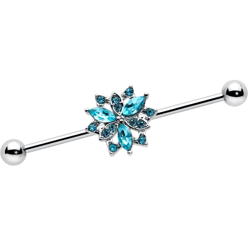 Women's Earrings – Elegant Designs for Every Personality--14 Gauge Blue CZ Gem Ornate Snowflake Industrial Barbell 38mm