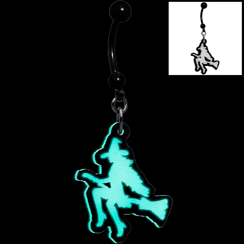 Belly Rings with Custom Features for Personalized Style -Glow in the Dark Halloween Flying Witch on Broom Dangle Belly Ring Belly Rings with Custom Features for Personalized Style -Glow in the Dark Halloween Flying Witch on Broom Dangle Belly Ring