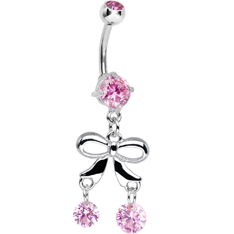 Belly Rings with Gold Finish for Elegant Style -Pink Gem Duo of Round Drops and Bow Dangle Belly Ring Belly Rings with Gold Finish for Elegant Style -Pink Gem Duo of Round Drops and Bow Dangle Belly Ring