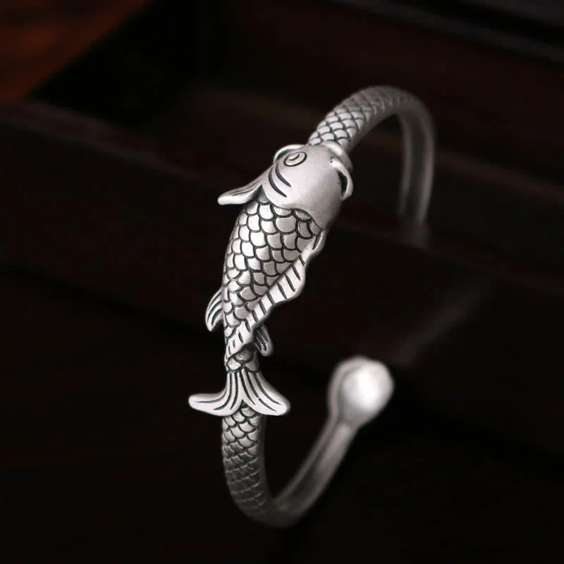 Vintage-Inspired Bangles for Women-Buddha Stones 990 Sterling Silver Koi Fish Lotus Luck Wealth Bracelet Bangle Vintage-Inspired Bangles for Women-Buddha Stones 990 Sterling Silver Koi Fish Lotus Luck Wealth Bracelet Bangle